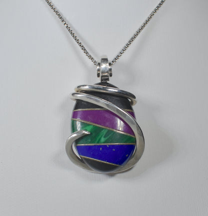 Sugilite, Malachite, Lapis Lazuli and Black Onyx with Silver Inlays Handmade Pendant Wrapped in Silver (Antique Bead)