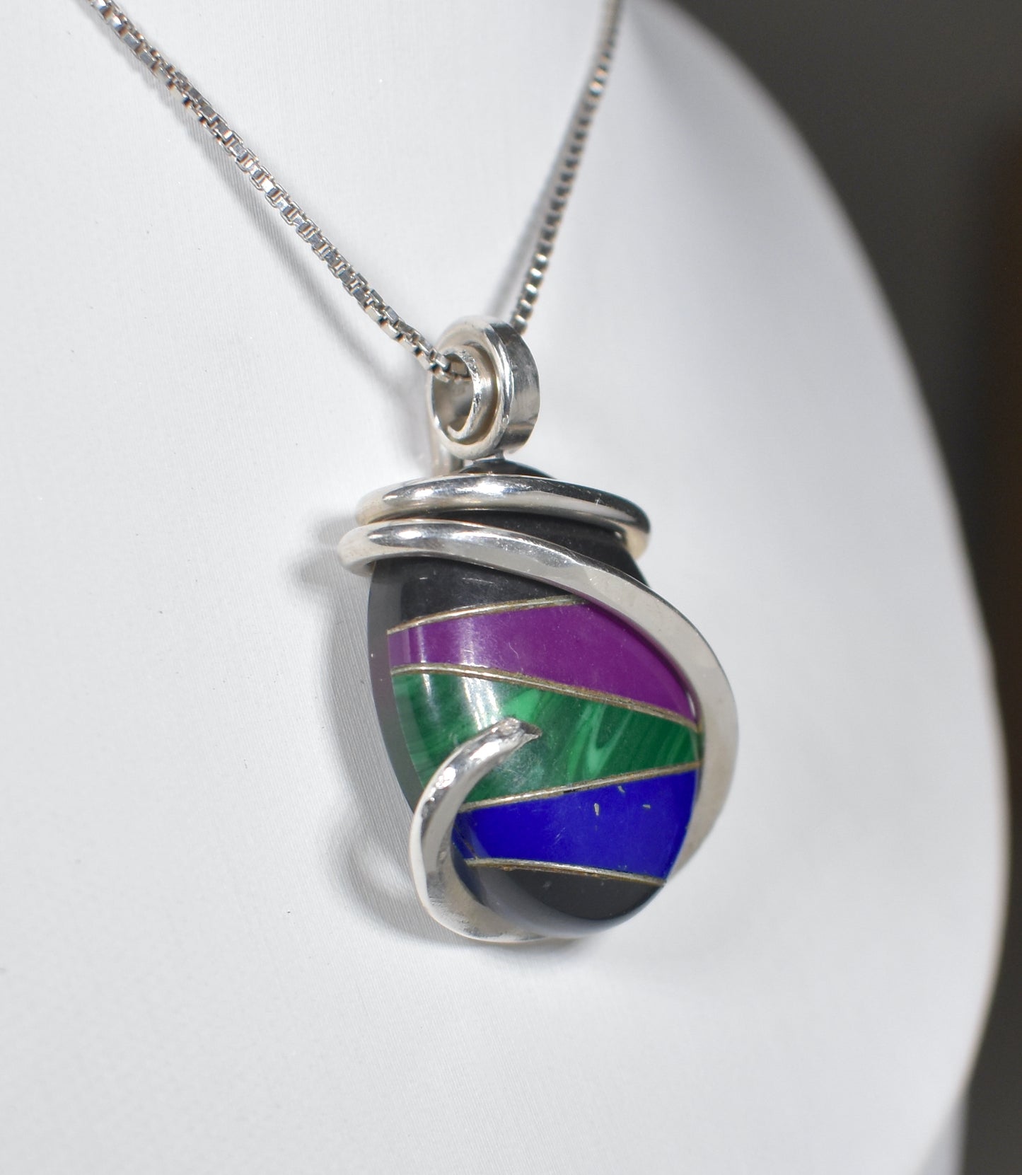 Sugilite, Malachite, Lapis Lazuli and Black Onyx with Silver Inlays Handmade Pendant Wrapped in Silver (Antique Bead)