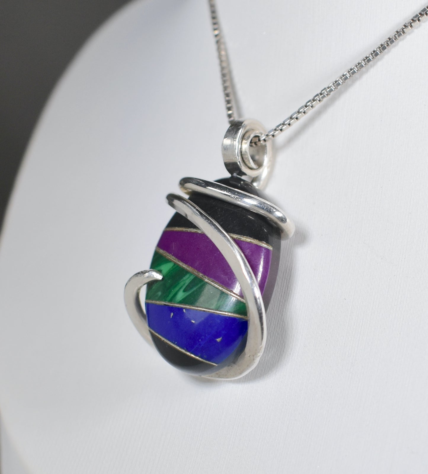 Sugilite, Malachite, Lapis Lazuli and Black Onyx with Silver Inlays Handmade Pendant Wrapped in Silver (Antique Bead)