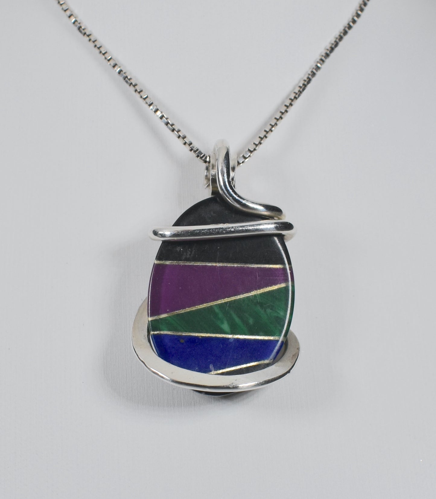 Sugilite, Malachite, Lapis Lazuli and Black Onyx with Silver Inlays Handmade Pendant Wrapped in Silver (Antique Bead)