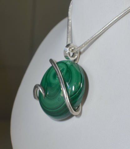 Malachite Handmade Stone Pendant Wrapped in Silver