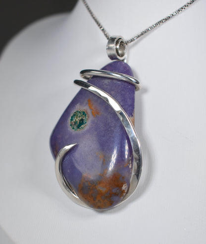 Sugilite and Malachite Handmade Stone Pendant Wrapped in Silver