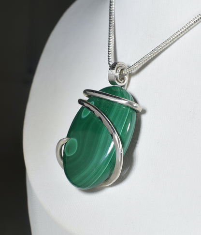 Malachite Handmade Stone Pendant Wrapped in Silver