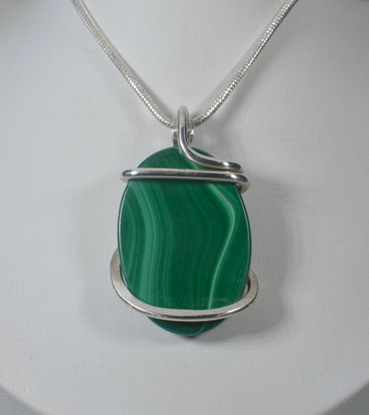 Malachite Handmade Stone Pendant Wrapped in Silver