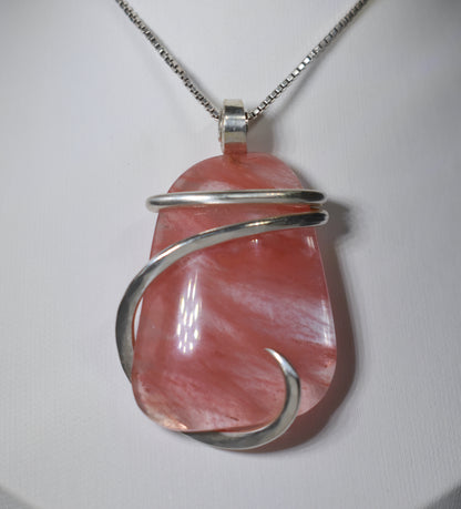 Cherry Quartz Handmade Crystal Pendant Wrapped in Silver