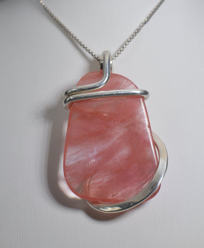 Cherry Quartz Handmade Crystal Pendant Wrapped in Silver