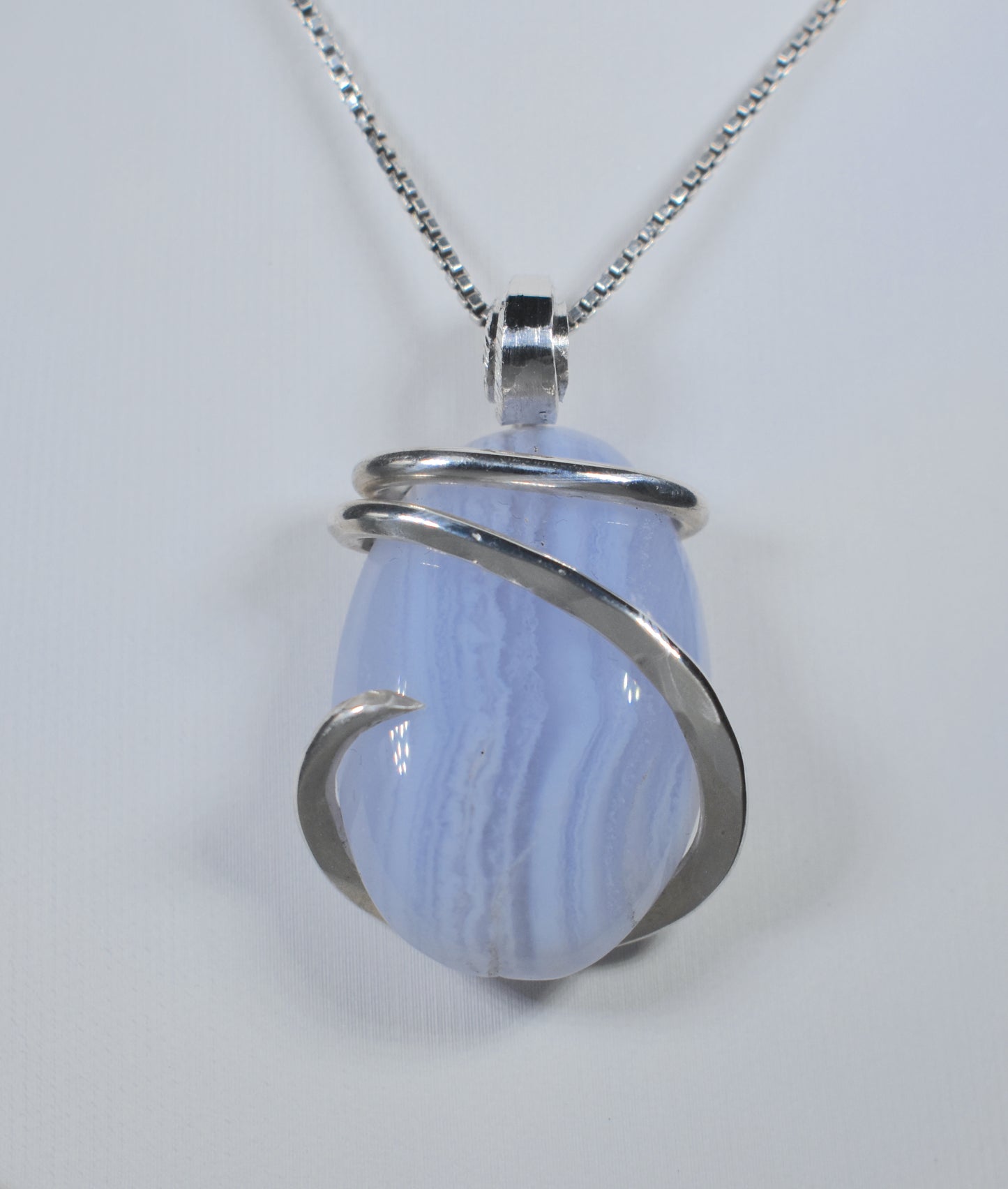 Blue Lace Agate Handmade Stone Pendant Wrapped  in Silver