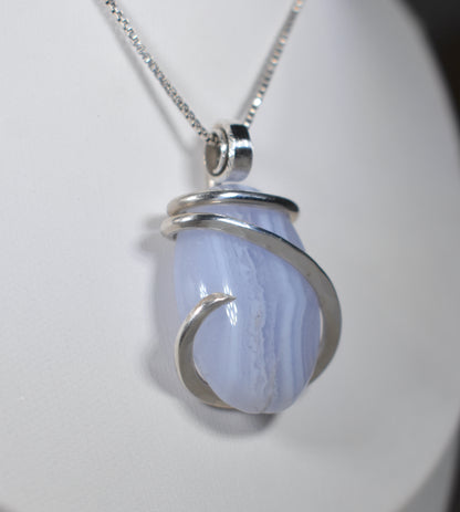 Blue Lace Agate Handmade Stone Pendant Wrapped  in Silver