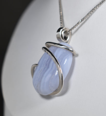 Blue Lace Agate Handmade Stone Pendant Wrapped  in Silver