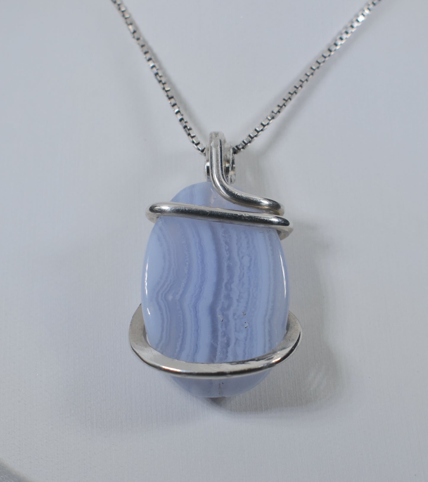 Blue Lace Agate Handmade Stone Pendant Wrapped  in Silver