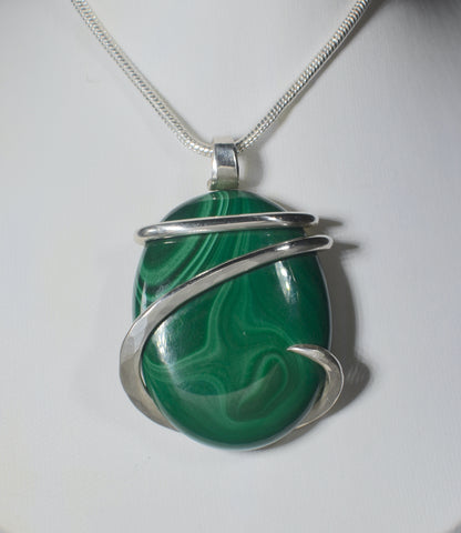 Malachite Handmade Stone Pendant Wrapped in Silver