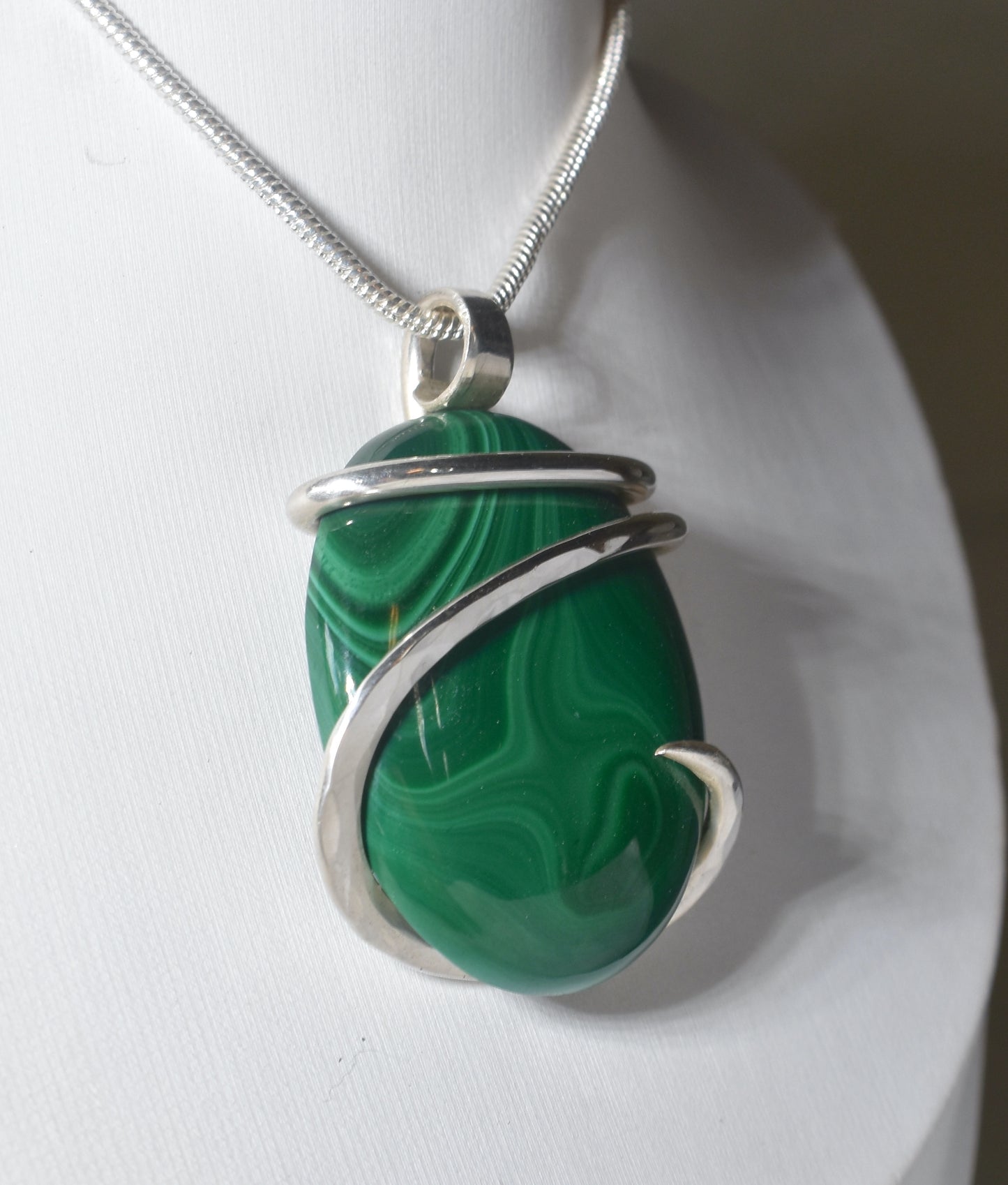 Malachite Handmade Stone Pendant Wrapped in Silver