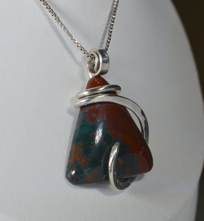 Bloodstone Handmade Stone Pendant Wrapped in Silver