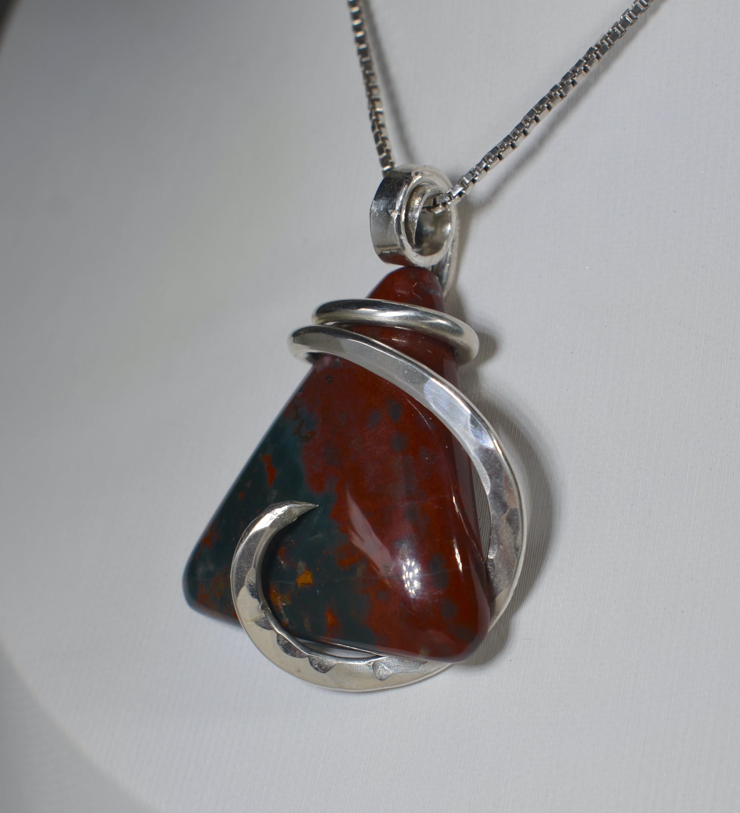 Bloodstone Handmade Stone Pendant Wrapped in Silver