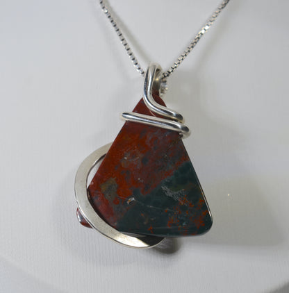 Bloodstone Handmade Stone Pendant Wrapped in Silver