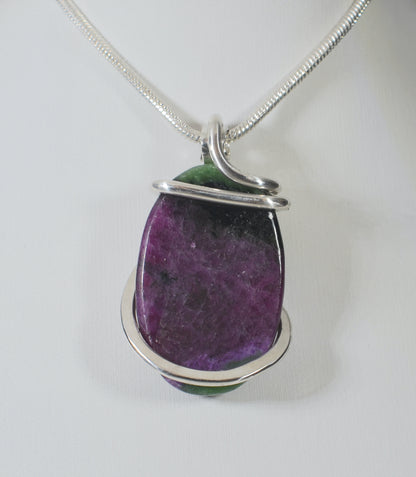 Ruby in Zoisite Handmade Stone Pendant Wrapped in Silver
