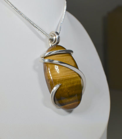 Gold Tiger Eye Handmade Stone Pendant Wrapped in Silver