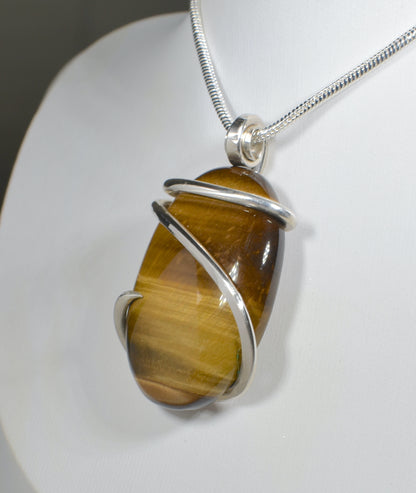 Gold Tiger Eye Handmade Stone Pendant Wrapped in Silver