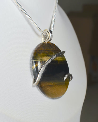 Gold Tiger Eye Handmade Stone Pendant Wrapped in Silver