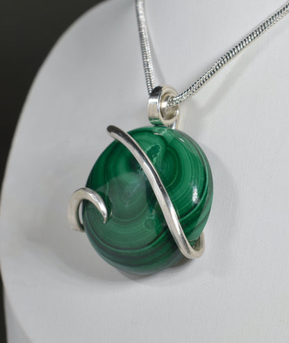 Malachite Handmade Stone Pendant Wrapped in Silver