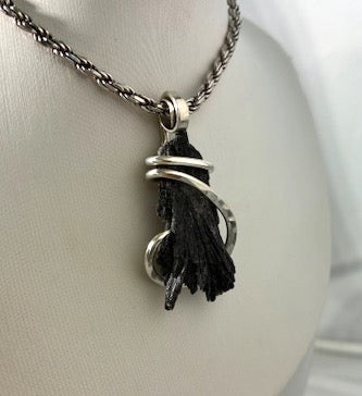 Kyanite Black Stone Pendant (Witch's Broom) Hand Wrapped in Sterling Silver