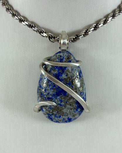 Lapis Lazuli and Pyrite Handmade Stone Pendant Wrapped in Silver