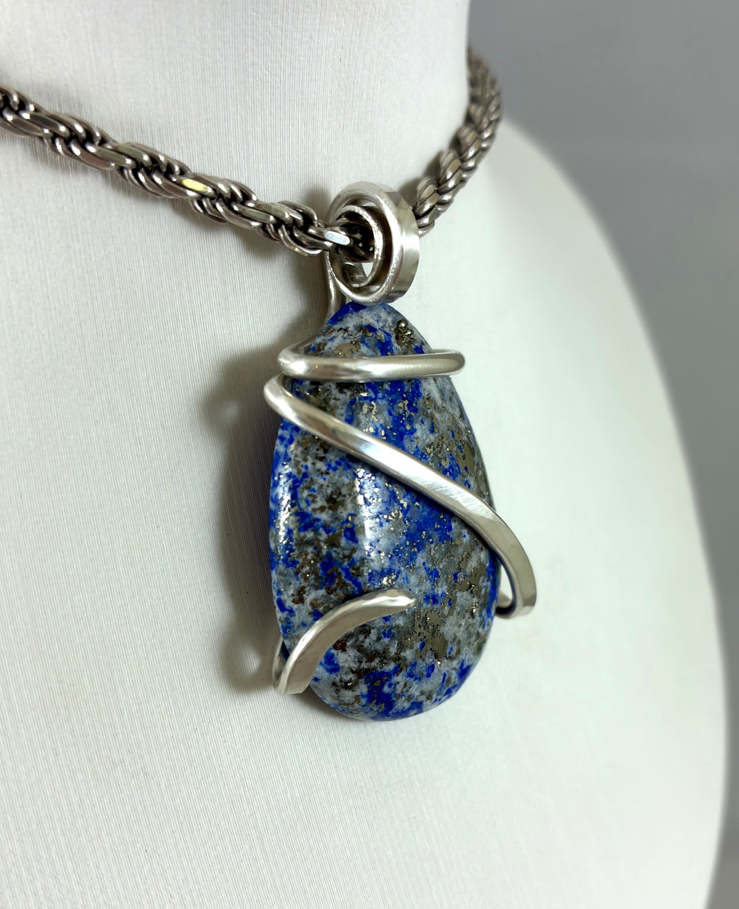 Lapis Lazuli and Pyrite Handmade Stone Pendant Wrapped in Silver
