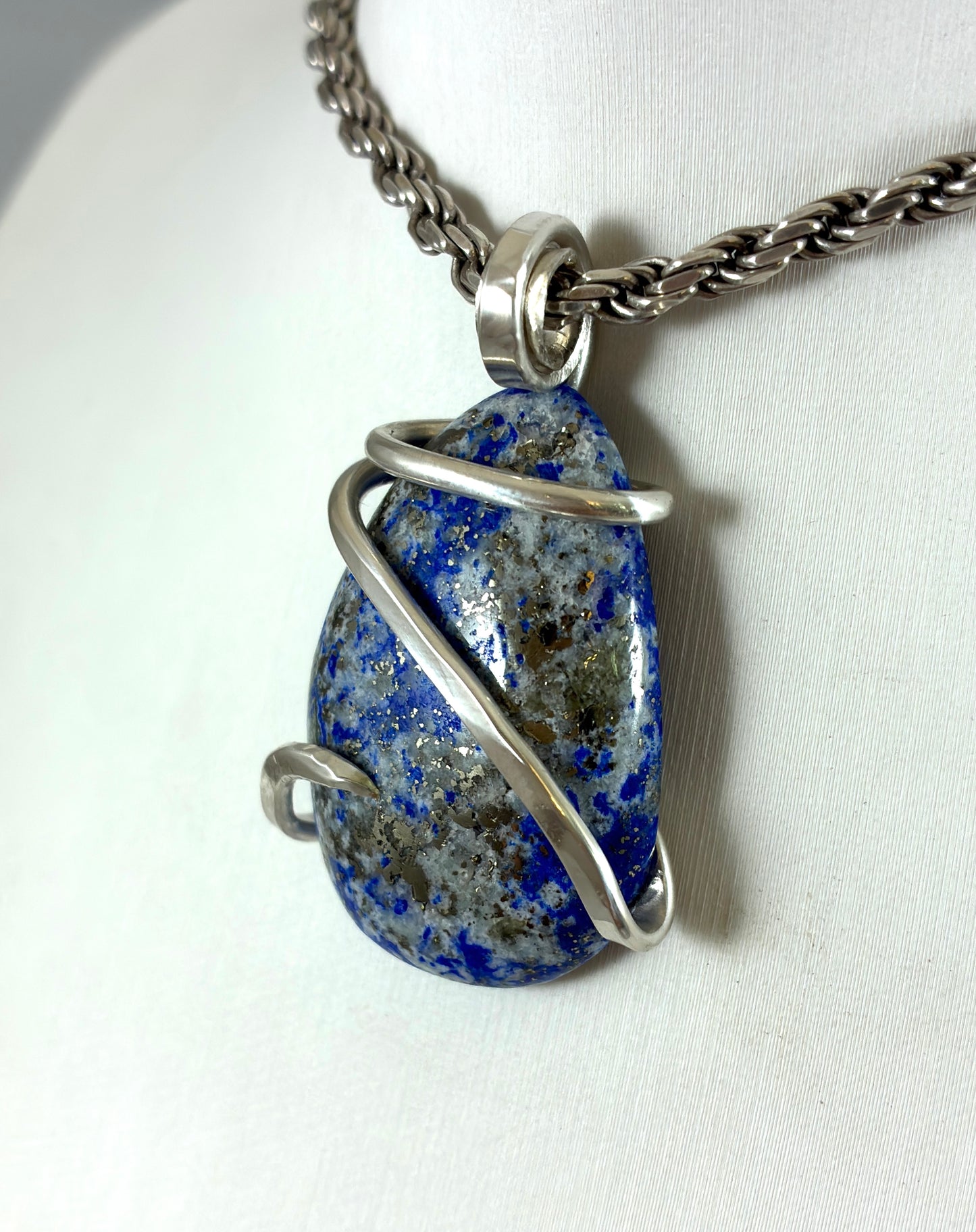 Lapis Lazuli and Pyrite Handmade Stone Pendant Wrapped in Silver