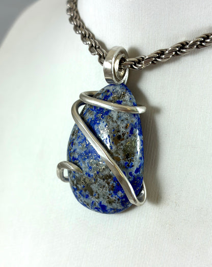 Lapis Lazuli and Pyrite Handmade Stone Pendant Wrapped in Silver