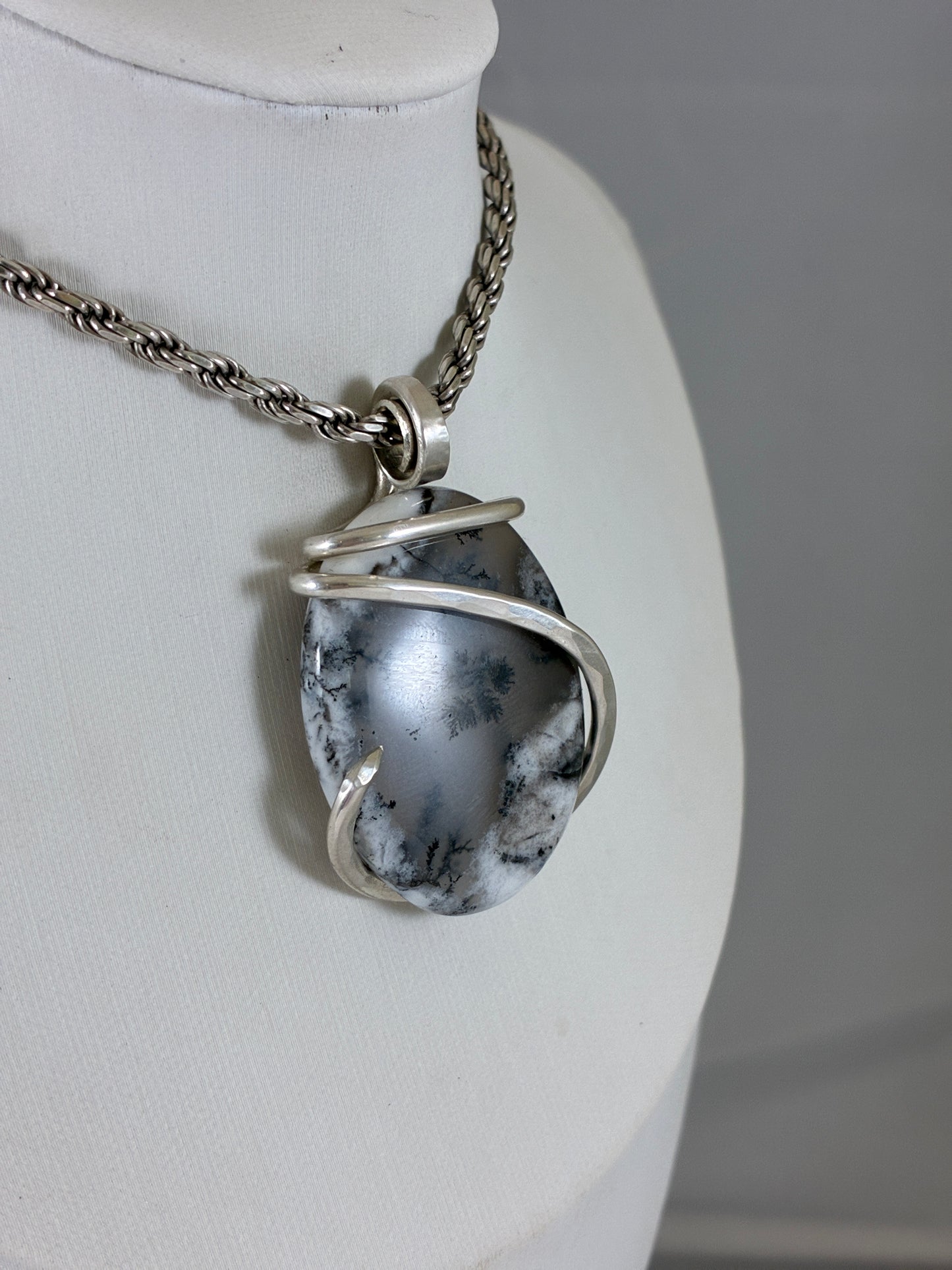 Dendritic Agate Handmade Crystal Pendant Wrapped in Silver