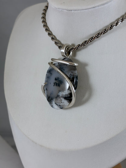 Dendritic Agate Handmade Crystal Pendant Wrapped in Silver