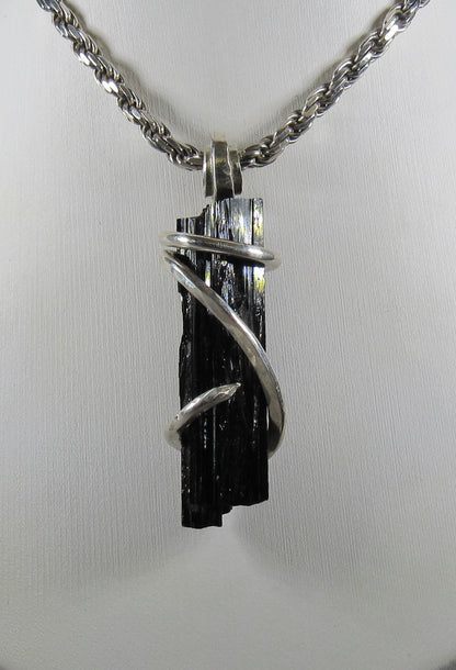 Black Tourmaline Handmade Stone Pendant Wrapped in Silver