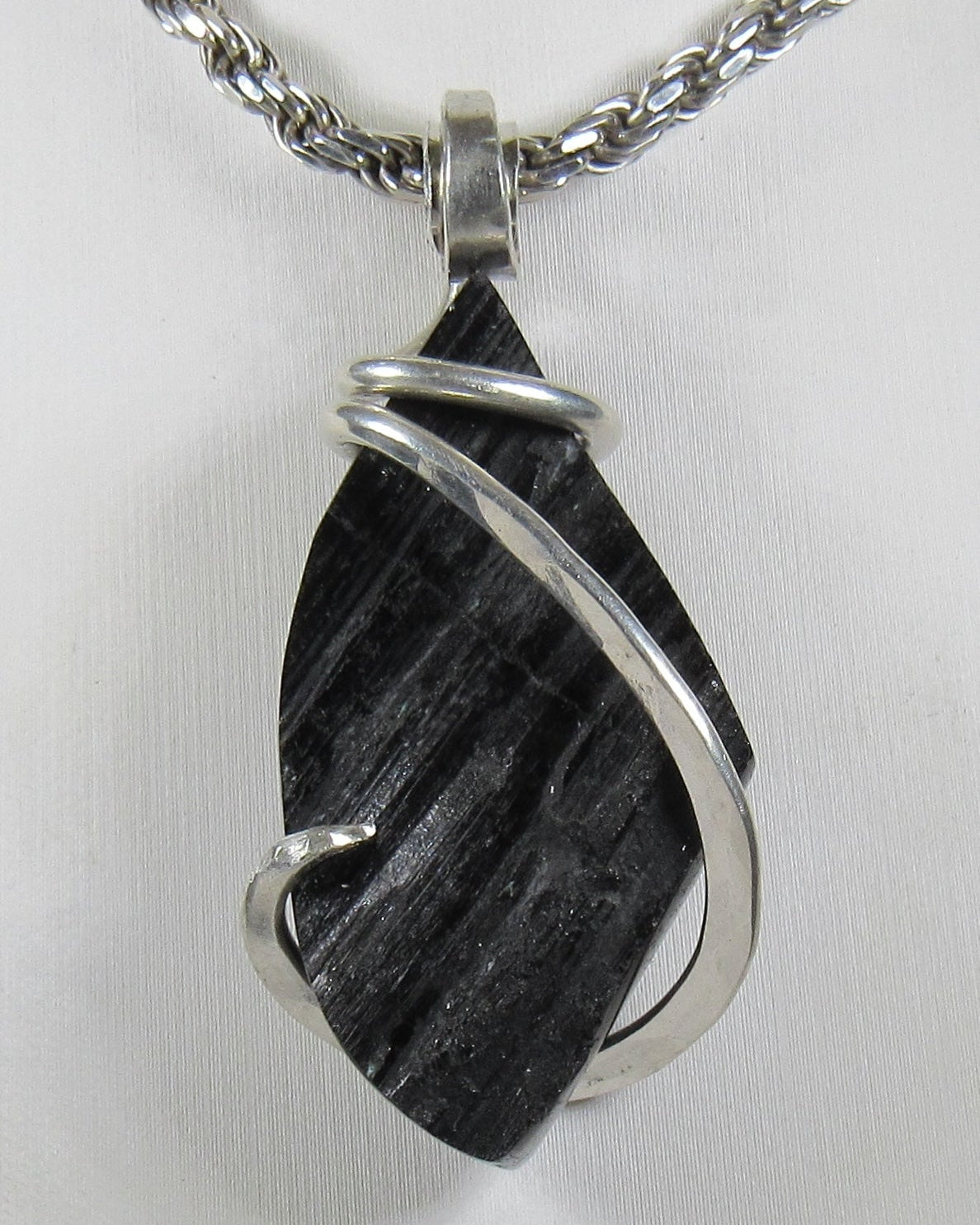Black Tourmaline Handmade Stone Pendant Wrapped in Silver