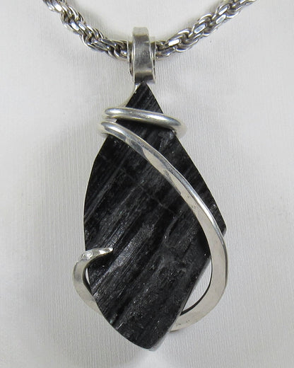 Black Tourmaline Handmade Stone Pendant Wrapped in Silver