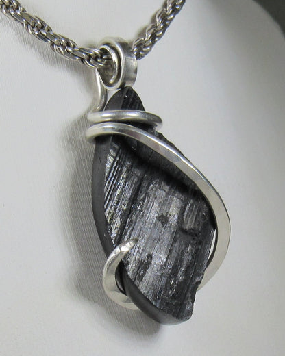 Black Tourmaline Handmade Stone Pendant Wrapped in Silver
