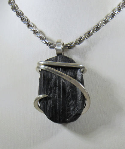 Black Tourmaline Handmade Stone Pendant Wrapped in Silver