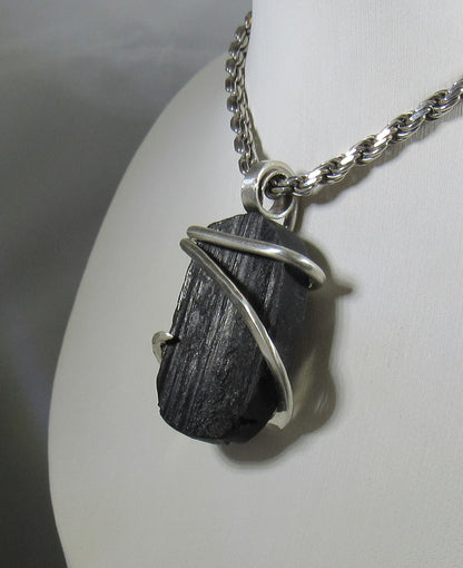 Black Tourmaline Handmade Stone Pendant Wrapped in Silver