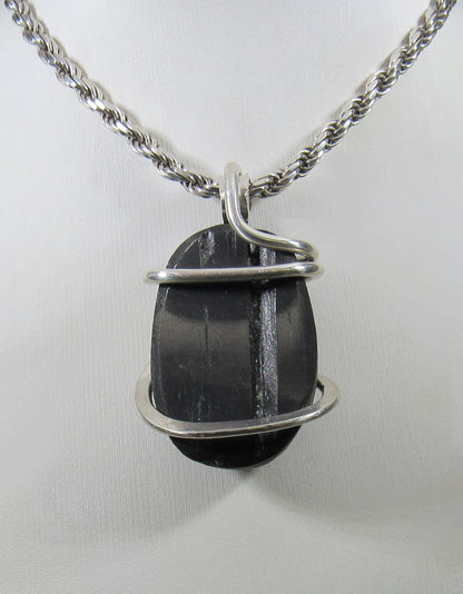 Black Tourmaline Handmade Stone Pendant Wrapped in Silver
