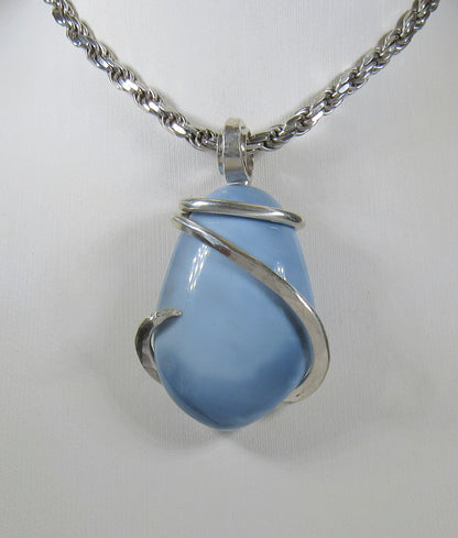 Blue Opal Handmade Stone Pendant Wrapped in Silver