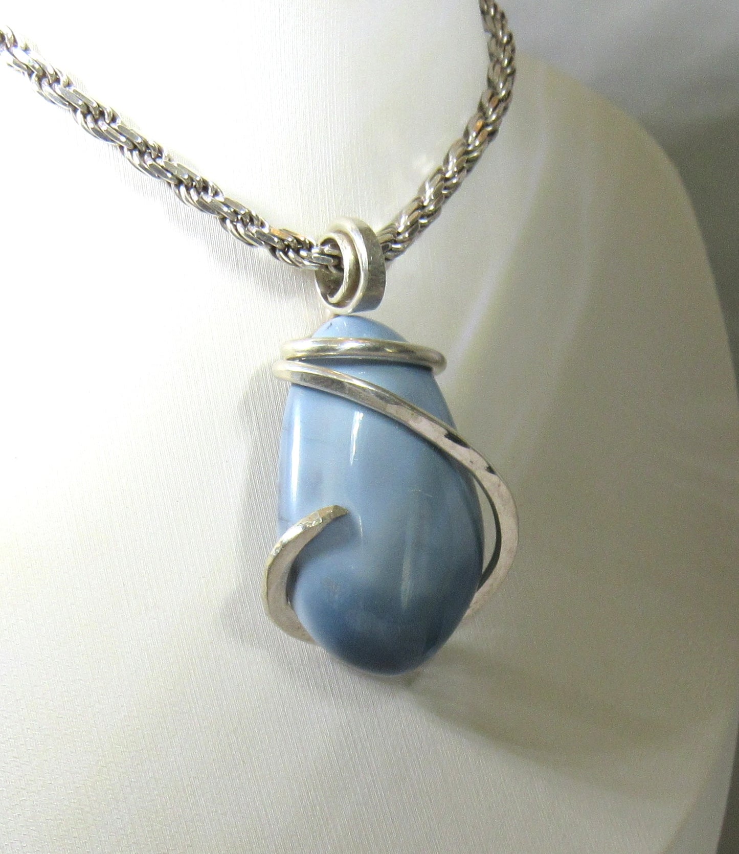 Blue Opal Handmade Stone Pendant Wrapped in Silver