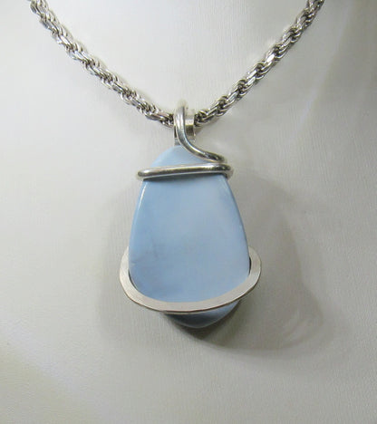 Blue Opal Handmade Stone Pendant Wrapped in Silver