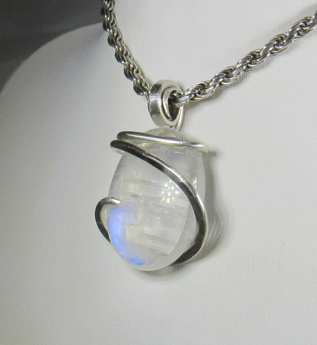 Rainbow Moonstone Handmade Crystal Pendant Wrapped in Silver