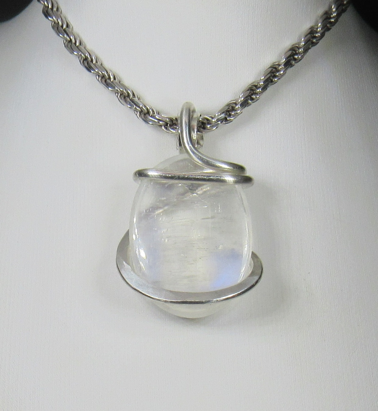 Rainbow Moonstone Handmade Crystal Pendant Wrapped in Silver