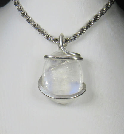 Rainbow Moonstone Handmade Crystal Pendant Wrapped in Silver