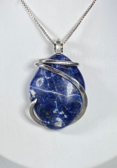 Sodalite Handmade Stone Pendant Wrapped in Silver