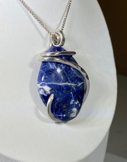 Sodalite Handmade Stone Pendant Wrapped in Silver