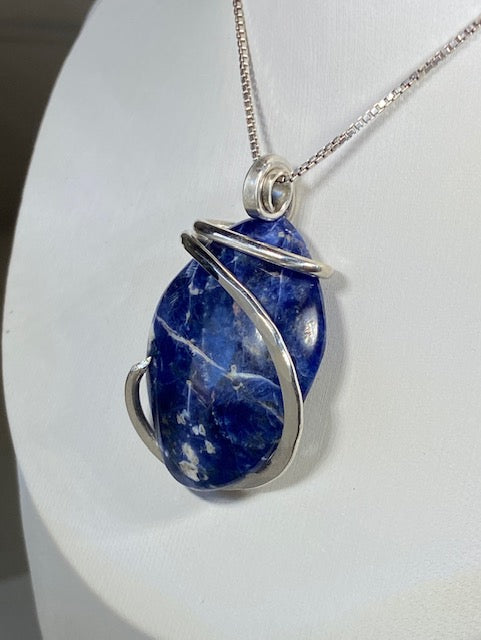 Sodalite Handmade Stone Pendant Wrapped in Silver