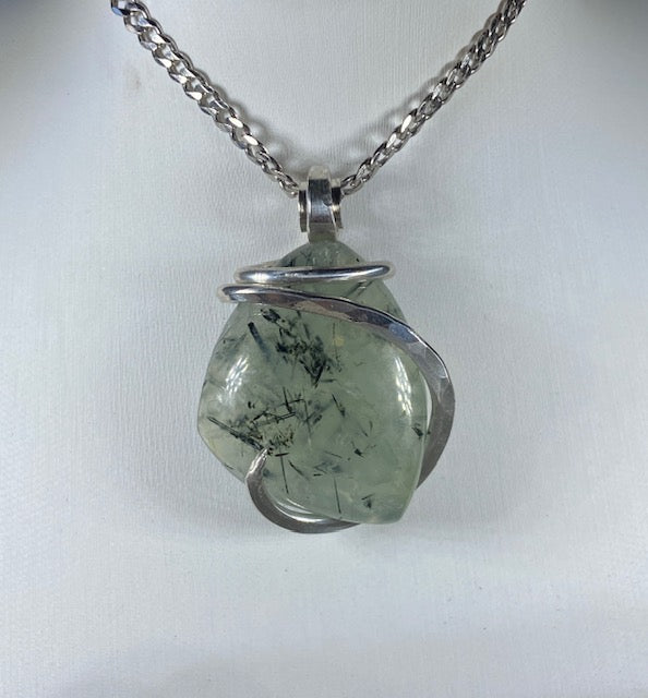 Green Epidote Quartz Handmade Crystal Pendant Wrapped in Silver