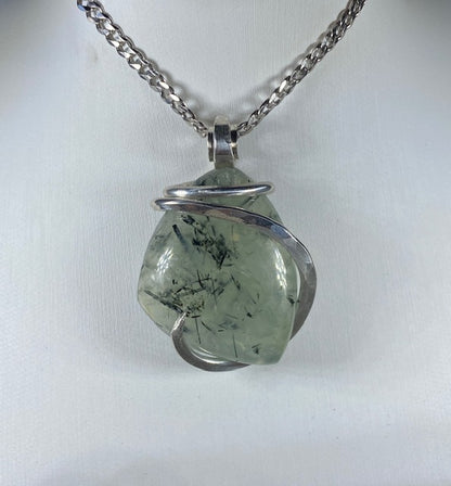 Green Epidote Quartz Handmade Crystal Pendant Wrapped in Silver