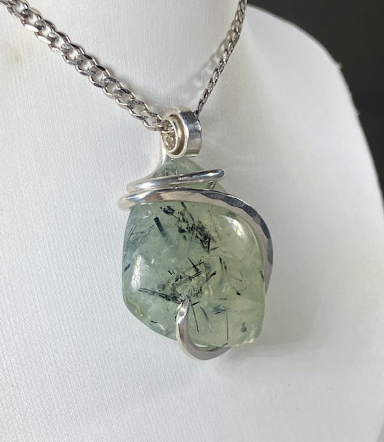 Green Epidote Quartz Handmade Crystal Pendant Wrapped in Silver